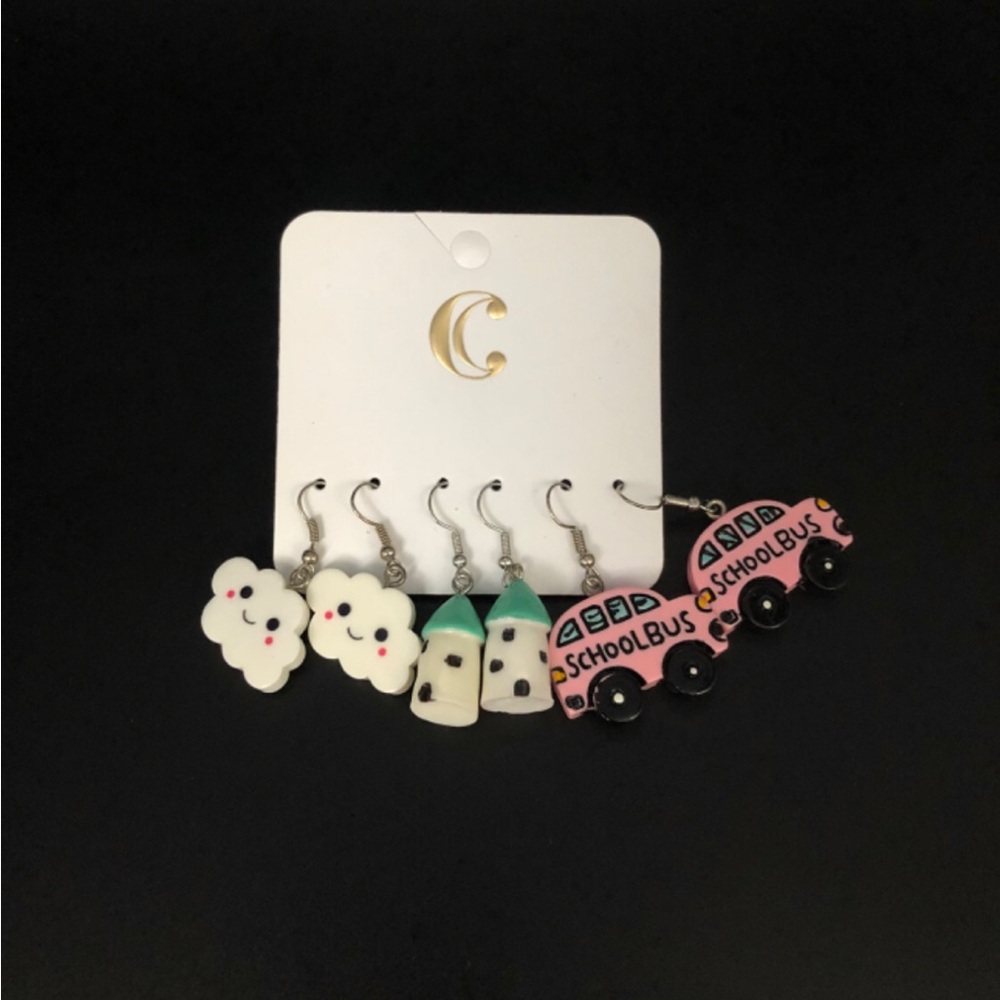 Charming Charlie school bus and cloud barn resin 3 pack set earrings jewelry